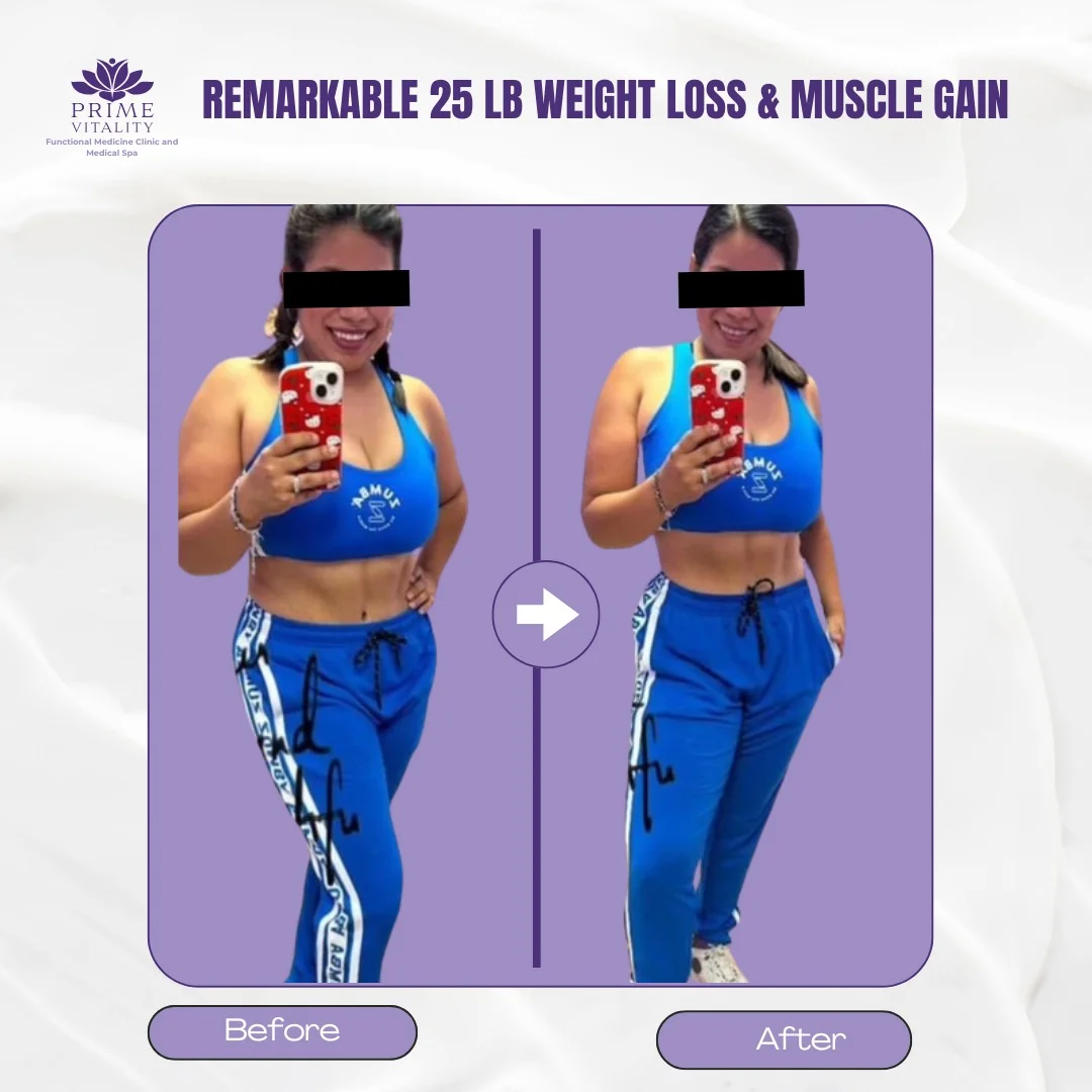 Before and after photo showcasing a female patient’s remarkable 25-pound weight loss and muscle gain through Prime Vitality's holistic weight loss program, featuring her in athletic wear with a confident smile.