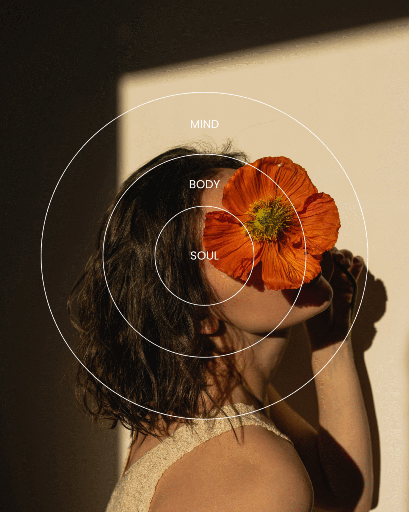Woman holding a vibrant orange flower near her face, with circular text overlay reading "MIND," "BODY," and "SOUL," symbolizing holistic wellness and the interconnectedness of health, reflecting Prime Vitality Care's focus on integrative medicine and personal transformation.