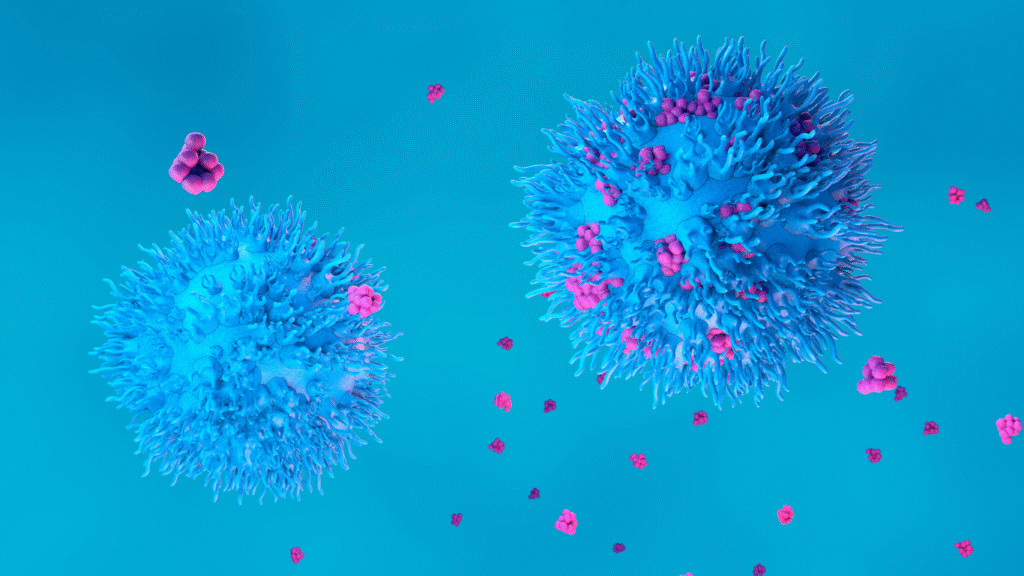 High-resolution microscopy image showing peptide molecules (e.g., BPC-157 or Selank) attaching to cell receptors, illustrating anti-aging therapy mechanisms at the cellular level