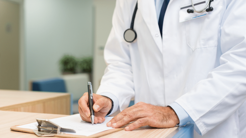 Physician documenting peptide therapy notes at Prime Vitality Care in San Antonio, ensuring FDA-compliant treatment plans.