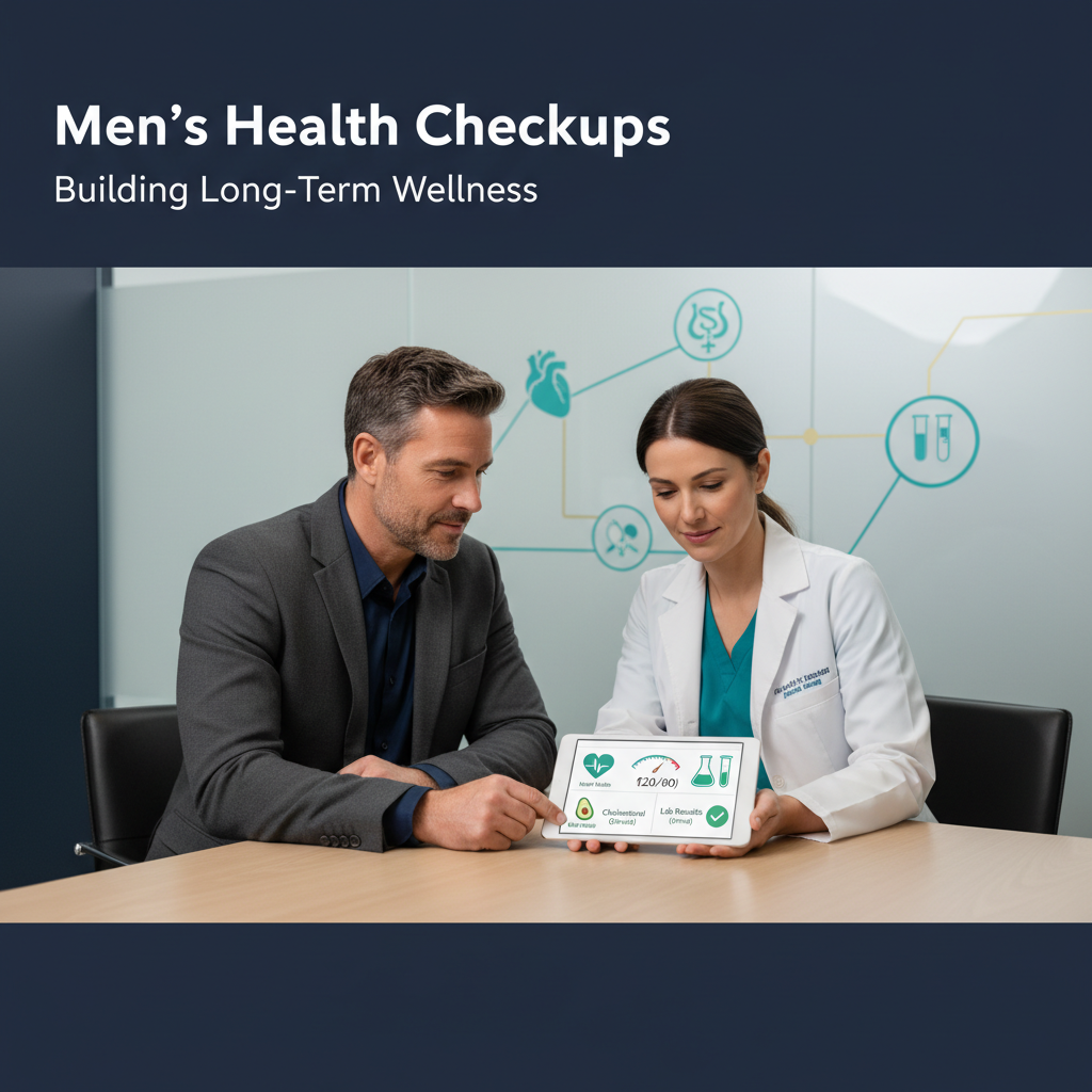 A man in his 40s–50s with an approachable, professional look sits across from a physician in a modern clinic room as they review a tablet displaying a health dashboard with icons for blood pressure, cholesterol, heart health, and lab results; subtle heart, colon, hormone, and lab test icons appear in the background connected by soft lines under the headline “Men’s Health Checkups: Building Long-Term Wellness,” over a deep navy and teal-accented backdrop. (see the generated image above)
