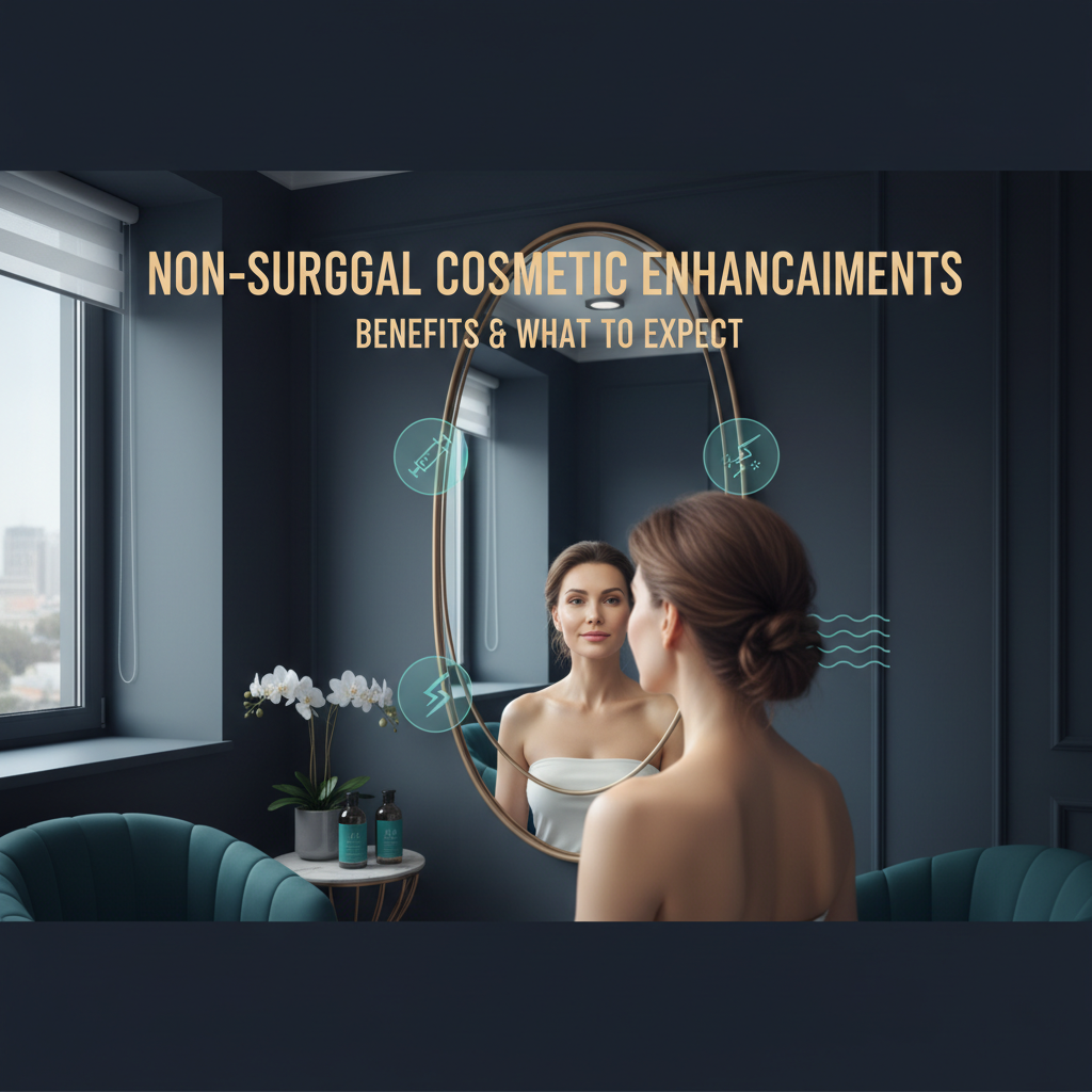 A woman in her 40s with natural, radiant features looks at her reflection in a softly lit mirror inside a modern medical spa; her reflection shows subtly smoother skin, gently lifted cheeks, and softened lines, while faint icons of a syringe, laser beam, and skin-tightening waves surround the mirror under the headline &ldquo;Non-Surgical Cosmetic Enhancements: Benefits & What to Expect&rdquo; on a deep navy, teal-accented background. (see the generated image above)