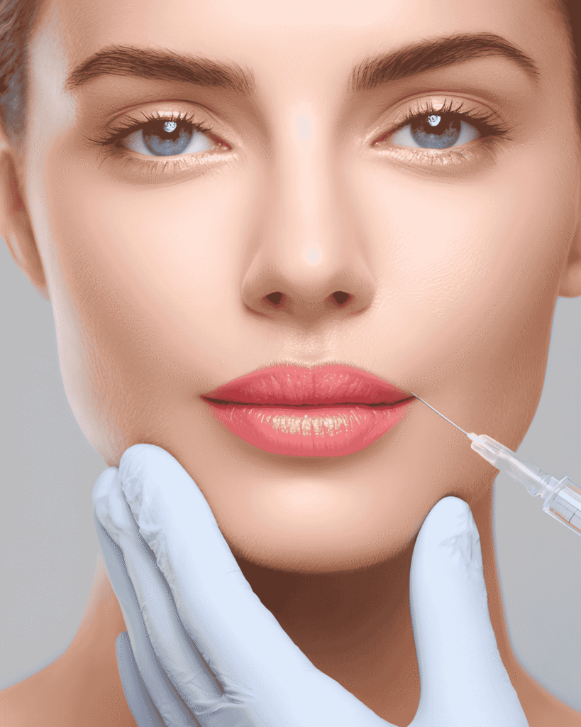 Woman receiving dermal filler injection for lip enhancement, showcasing the artistry of aesthetic treatments and the pursuit of natural-looking facial volume restoration.