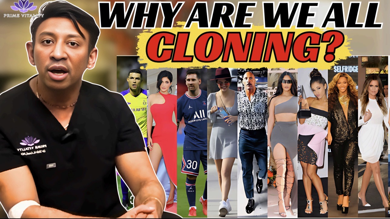 Doctor discussing cloning and cultural trends with images of celebrities, athletes, and fashion icons, featuring the text "WHY ARE WE ALL CLONING?" prominently displayed, representing Prime Vitality's focus on aesthetics and innovation.