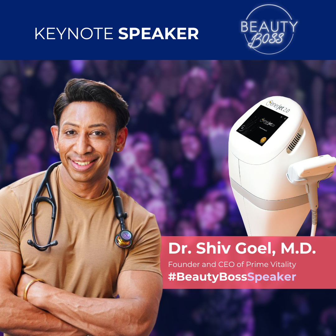 Dr. Shiv Goel, M.D., keynote speaker at Beauty Boss Conference 2024, presenting advanced bio-regenerative strategies with EnerJet device in Dallas, Texas.