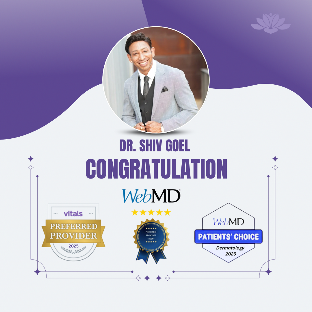 Dr. Shiv Goel celebrating WebMD awards, featuring Preferred Provider and Patients' Choice 2025 badges, emphasizing excellence in patient care and recognition in aesthetic medicine.