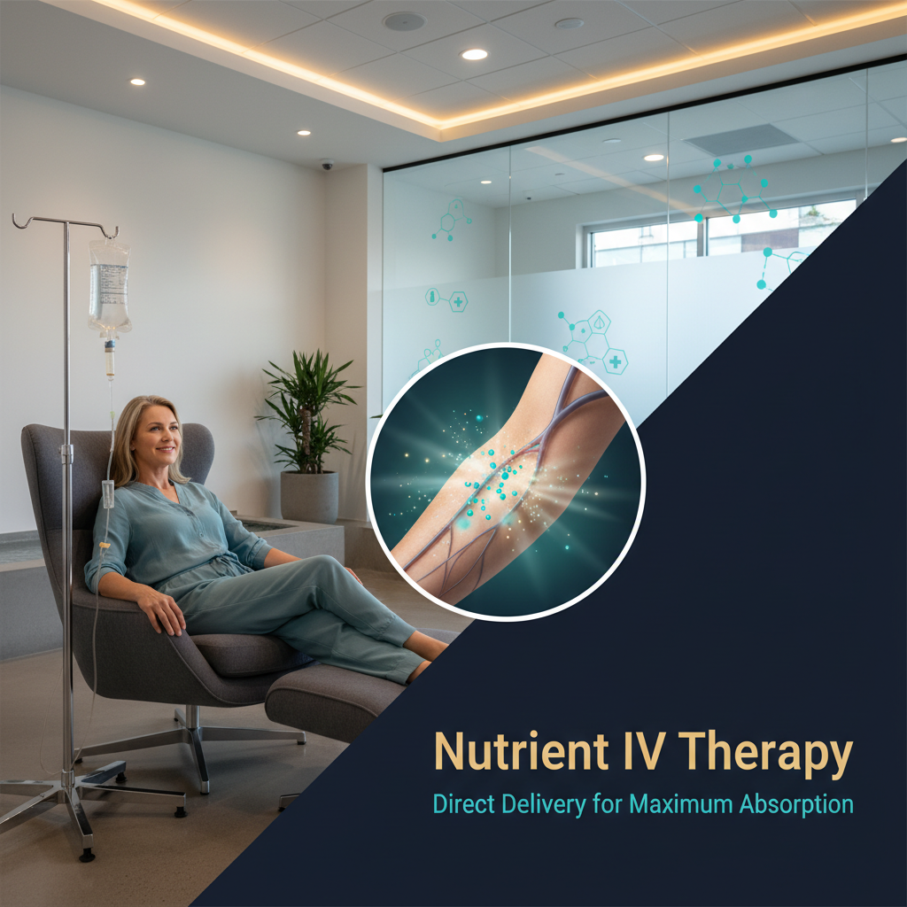 Woman receiving Nutrient IV therapy in a modern wellness clinic, emphasizing direct delivery for maximum absorption, with a visual representation of nutrient infusion into the bloodstream.