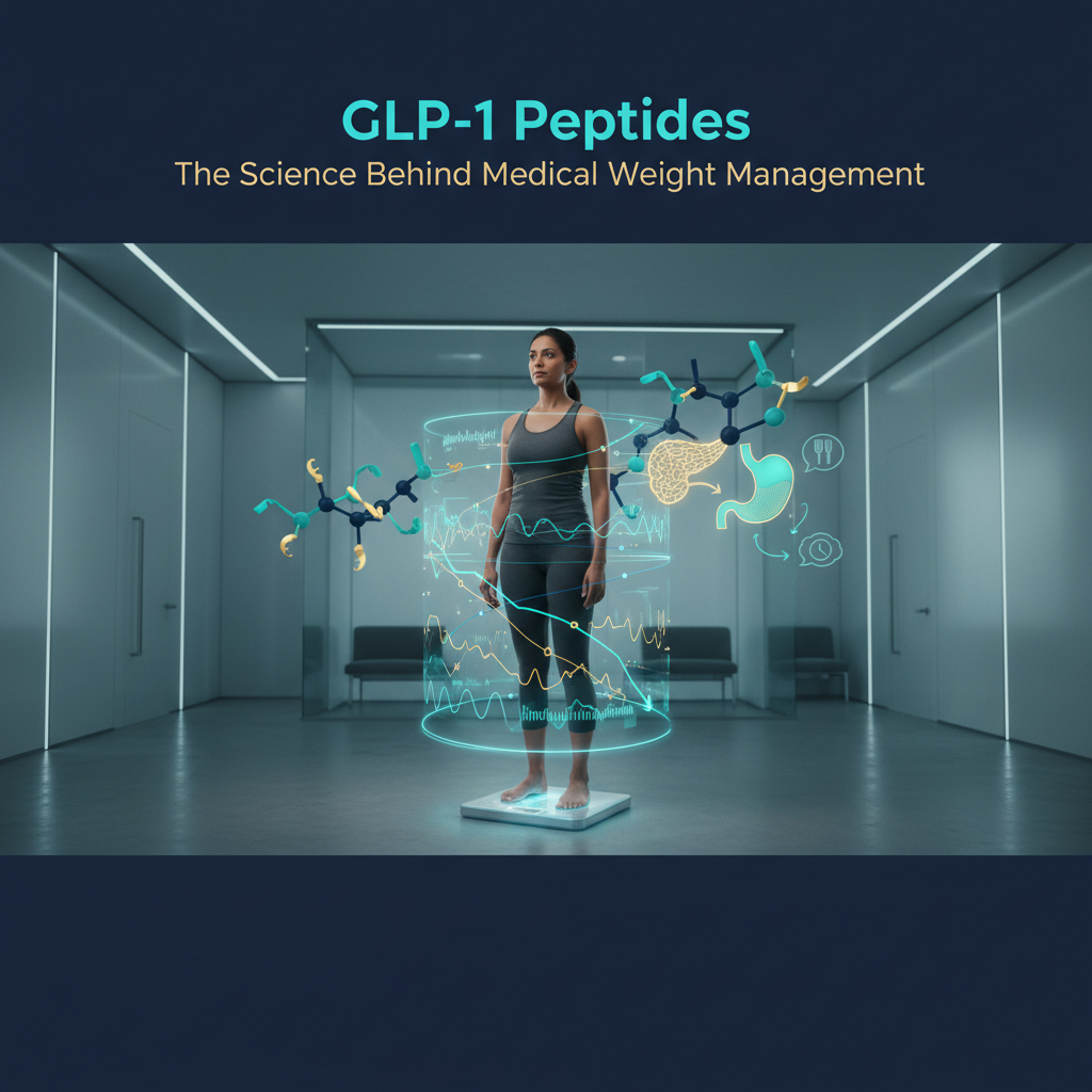 Woman standing on a scale with holographic GLP-1 peptide structures and health data visualizations, representing medical weight management and wellness at Prime Vitality Total Wellness and Medical Spa.
