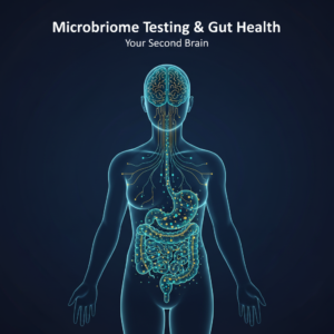 A sleek medical illustration of a human silhouette on a deep navy background, showing a glowing digestive tract connected to a semi-transparent brain by luminous neural pathways, with teal and gold accents and small glowing microbiome icons in the intestines, plus the text “Microbiome Testing & Gut Health” and “Your Second Brain” in modern sans-serif fonts.