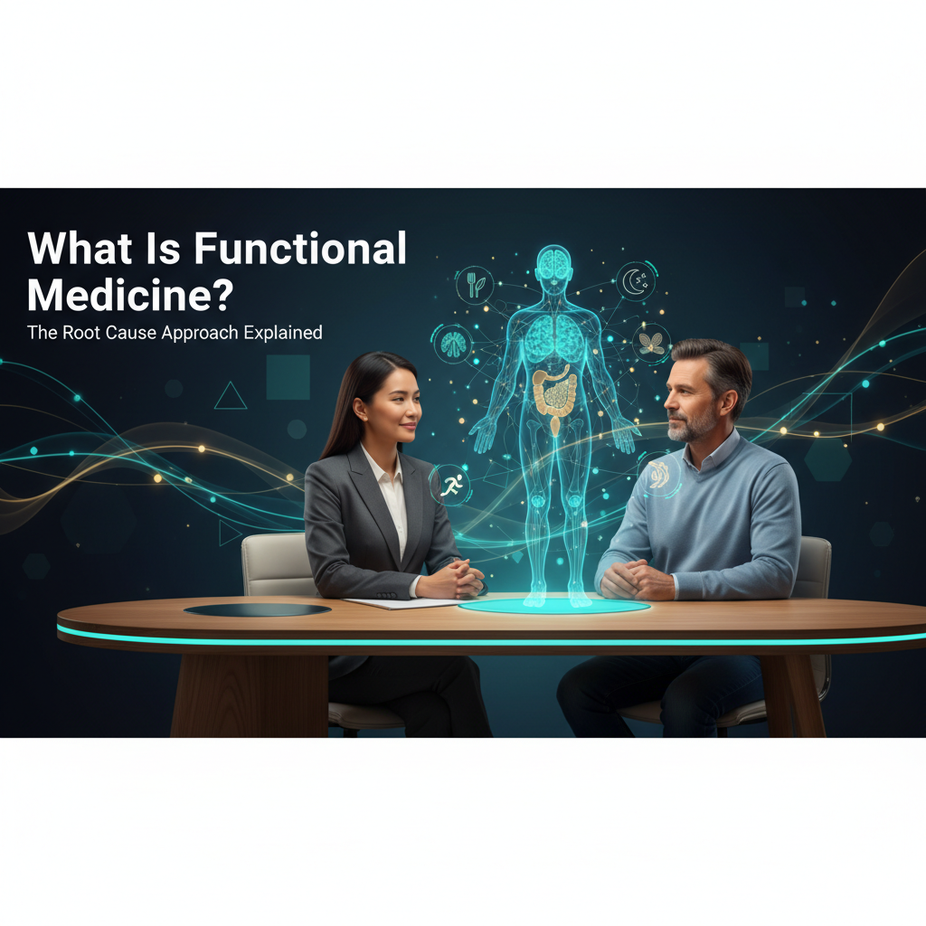 A functional medicine physician sits with a patient in a modern clinic, reviewing a large holographic body diagram that highlights interconnected systems&mdash;gut, brain, hormones, mitochondria, and immune pathways&mdash;linked by glowing lines, with small icons for food, sleep, stress, and movement around the edges and the text &ldquo;What Is Functional Medicine? The Root Cause Approach Explained&rdquo; in clean sans-serif fonts. (see the generated image above)