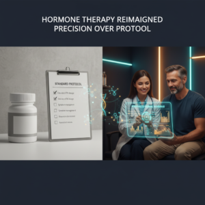 A split-screen hero image contrasts a dull, generic hormone pill bottle and rigid &ldquo;Standard Protocol&rdquo; checklist on the left with a modern physician and patient on the right reviewing a glowing tablet that displays a personalized hormone dashboard with graphs, hormone levels, and risk markers; a subtle DNA double-helix and hormone molecule icons connect both sides, with deep navy and charcoal tones accented by teal and gold and the headline text &ldquo;Hormone Therapy Reimagined: Precision Over Protocol&rdquo; in clean sans-serif fonts. (see the generated image above)