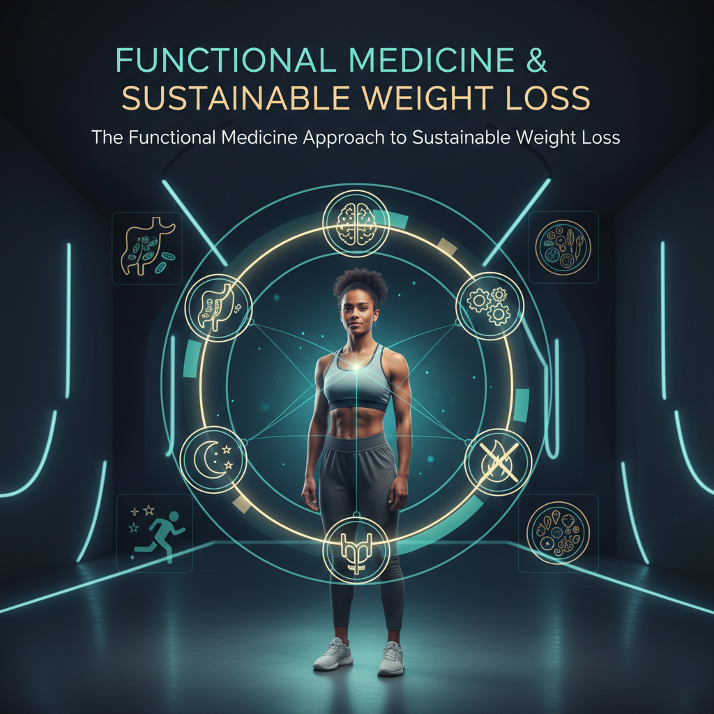 A diverse adult stands in the center of a circular holographic diagram labeled with icons for gut health, hormones, inflammation, sleep, stress, movement, and nutrition, each connected back to the person by glowing lines, with the headline &ldquo;Functional Medicine & Sustainable Weight Loss&rdquo; over a deep navy, tech-forward functional medicine clinic background. (see the generated image above)