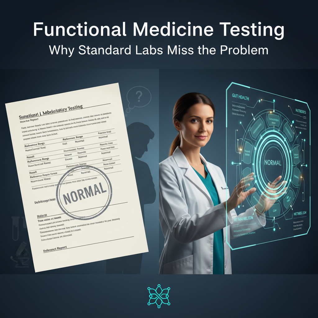 A split-screen hero image contrasts a gray &ldquo;Normal&rdquo; stamped standard lab report and a confused patient silhouette on the left with a functional medicine physician on the right reviewing a colorful, systems-based dashboard displaying interconnected markers for gut, hormones, nutrients, inflammation, and metabolism, with test tube and network icons and the title text &ldquo;Functional Medicine Testing: Why Standard Labs Miss the Problem&rdquo; over a deep navy, teal-accented clinical background. (see the generated image above)