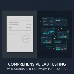 A split-screen hero image contrasts a basic blood test report with a few standard values on the left and a detailed, colorful comprehensive lab dashboard on the right showing expanded markers for hormones, nutrients, inflammation, cardiometabolic risk, and gut health, all connected by glowing network lines under the headline &ldquo;Comprehensive Lab Testing: Why Standard Blood Work Isn&rsquo;t Enough&rdquo; over a deep navy, teal-accented clinical background.