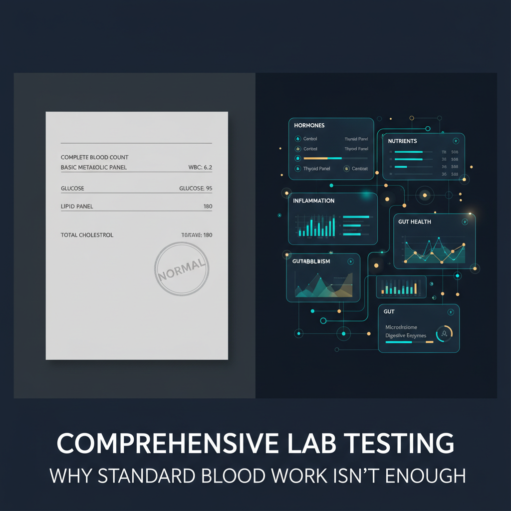 A split-screen hero image contrasts a basic blood test report with a few standard values on the left and a detailed, colorful comprehensive lab dashboard on the right showing expanded markers for hormones, nutrients, inflammation, cardiometabolic risk, and gut health, all connected by glowing network lines under the headline &ldquo;Comprehensive Lab Testing: Why Standard Blood Work Isn&rsquo;t Enough&rdquo; over a deep navy, teal-accented clinical background.