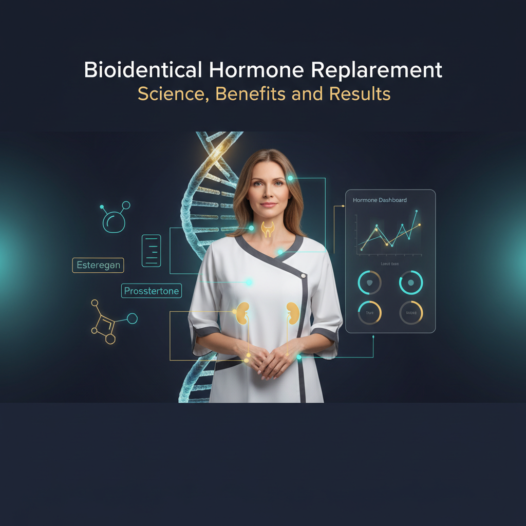 A calm, confident midlife adult stands in a softly lit, spa-like medical clinic with subtle glowing highlights over the brain, thyroid, adrenals, and ovaries connected by fine teal and gold lines, while a translucent DNA double helix, estrogen/progesterone/testosterone molecule icons, and a sleek hormone dashboard with graphs appear in the background, under the headline “Bioidentical Hormone Replacement: Science, Benefits, and Results.” (see the generated image above)
